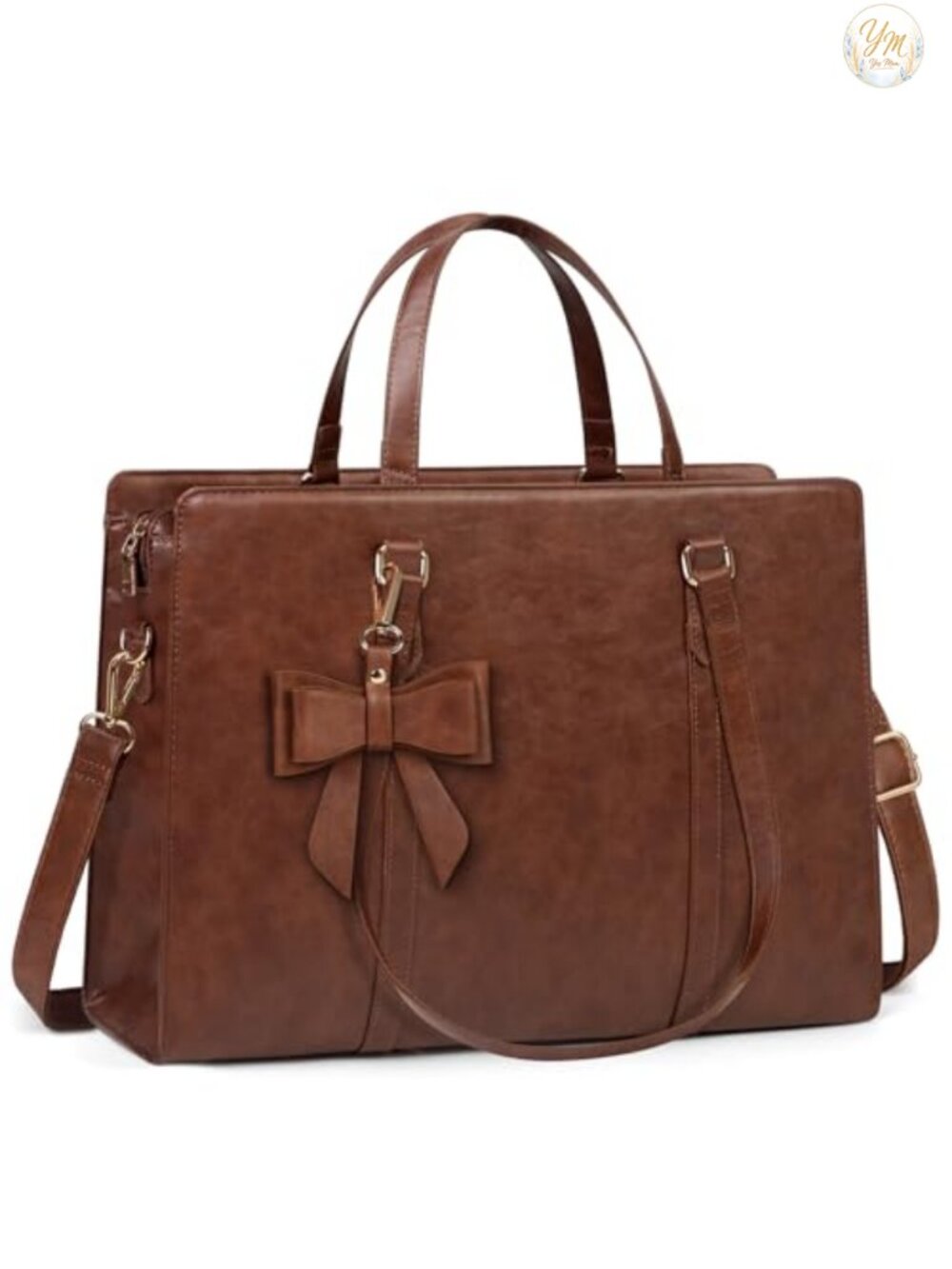 Vintage Brown PU Leather Laptop Tote Bag for Women 15.6 Inch Work Bag with Bow
